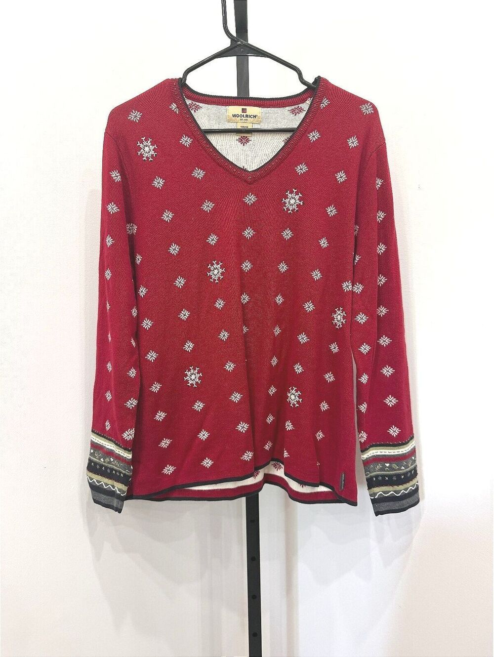 Woolrich Women's Ruby Red V-Neck Sweater with Patterned Sleeves Size L